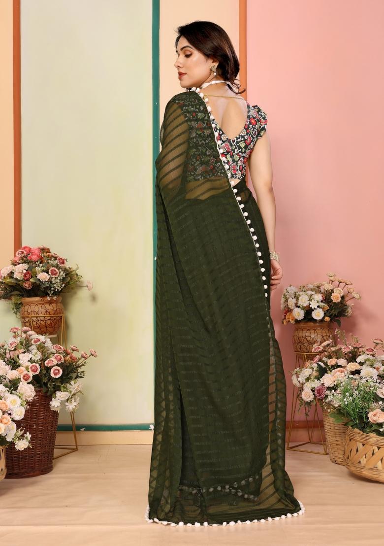 Green Solid Silk Saree Set - Indya