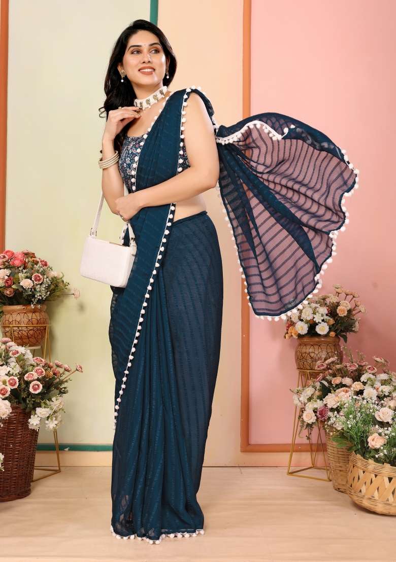 Navy Solid Georgette Blend Saree Set for Diwali and Festive Wear - Indya