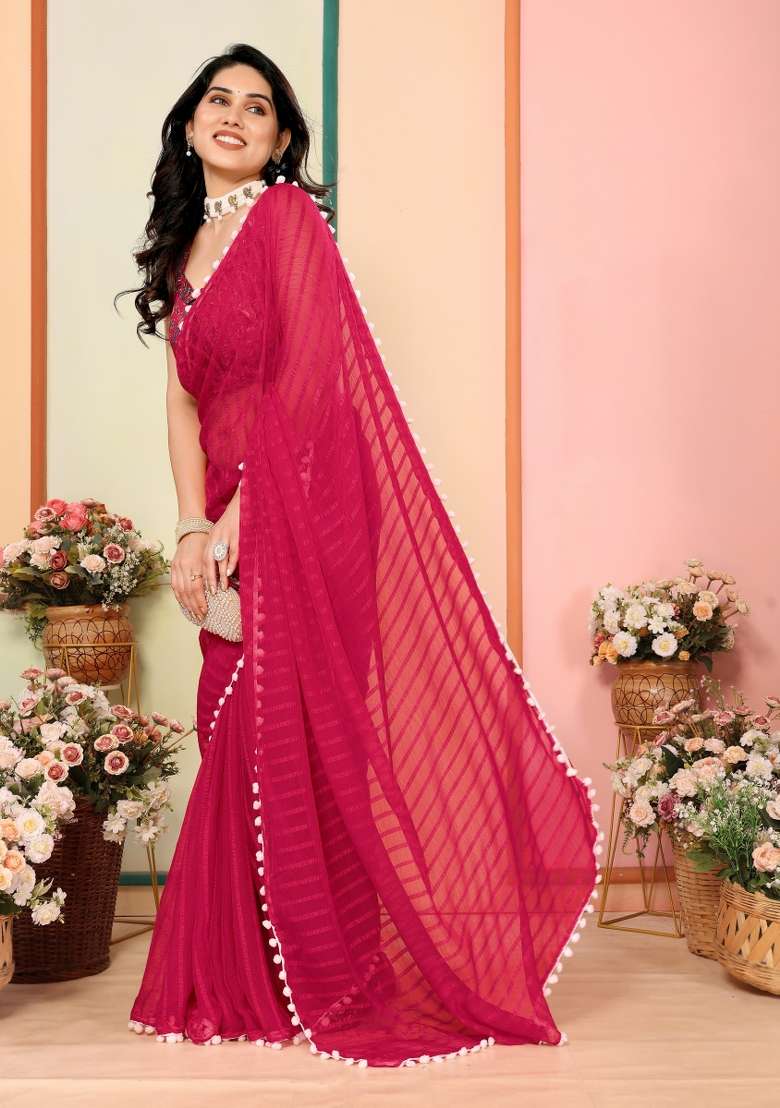Pink Solid Georgette Blend Saree Set for Diwali | Wedding & Festive Wear - Indya