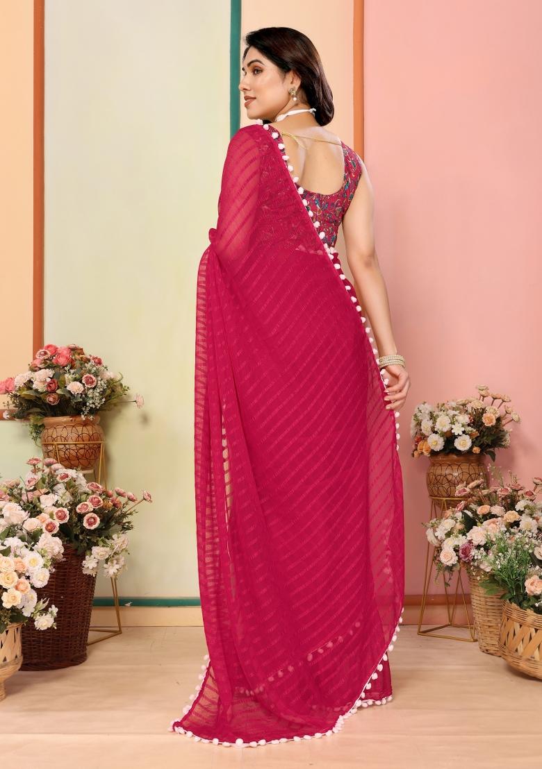 Pink Solid Silk Saree Set - Indya