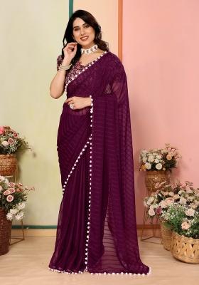 Wine Solid Silk Saree Set