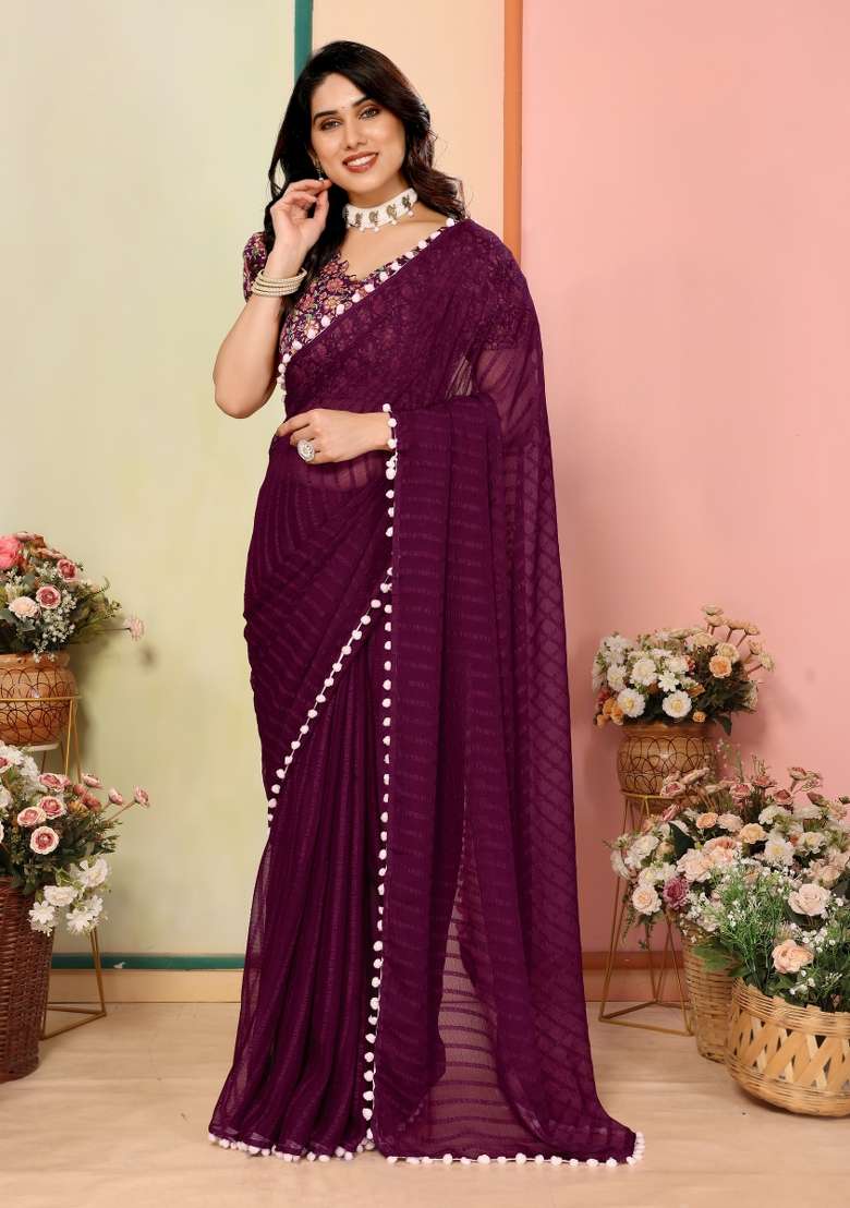 Wine Solid Georgette Blend Saree Set for Diwali and Festive Wear - Indya