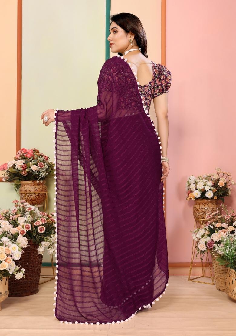 Wine Solid Silk Saree Set - Indya