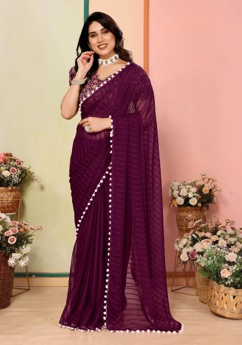 Wine Solid Silk Saree Set