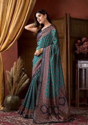 Teal Green Digital Print Poly Blended Saree Set