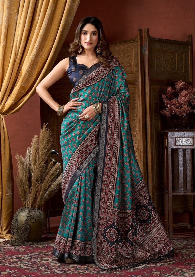 Teal Green Digital Print Poly Blended Saree Set - Indya