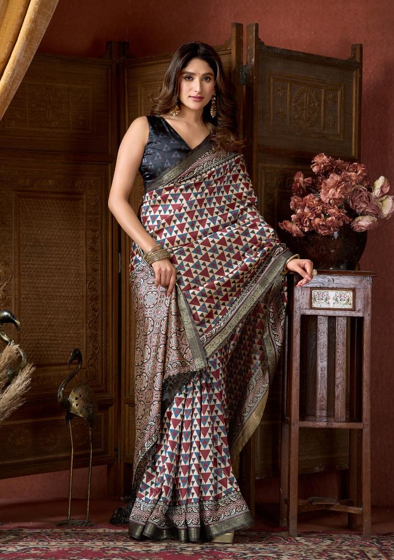 Multi Color Digital Print Poly Blended Saree Set - Indya
