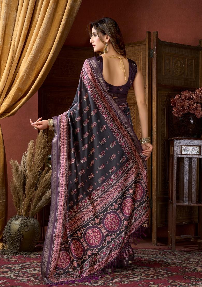 Grey Digital Print Poly Blended Saree Set - Indya