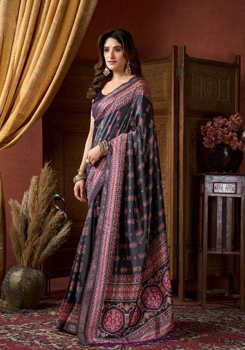 Grey Digital Print Poly Blended Saree Set