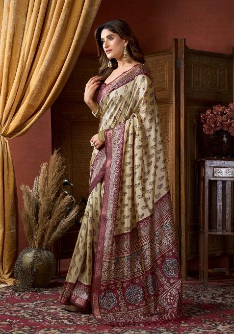 Ivory Digital Print Poly Blended Saree Set