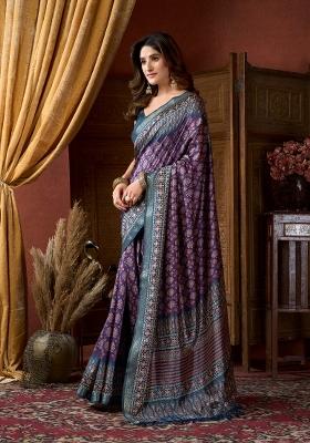 Teal Blue Digital Print Poly Blended Saree Set