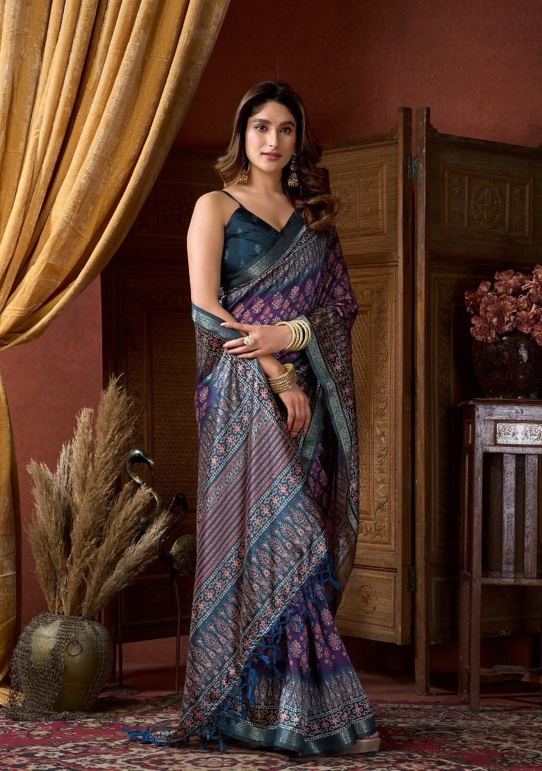 Teal Blue Digital Print Poly Blended Saree Set - Indya