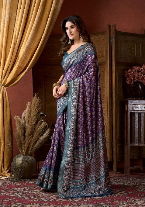 Teal Blue Digital Print Poly Blended Saree Set