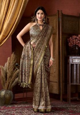 Brown Digital Print Poly Blended Saree Set