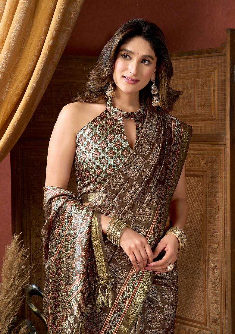 Brown Digital Print Poly Blended Saree Set - Indya