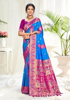Blue Weaving Silk Saree Set