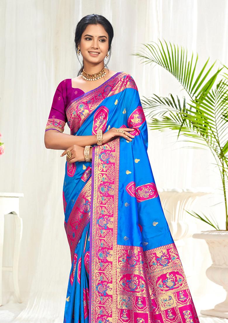 Blue Weaving Silk Saree Set - Indya