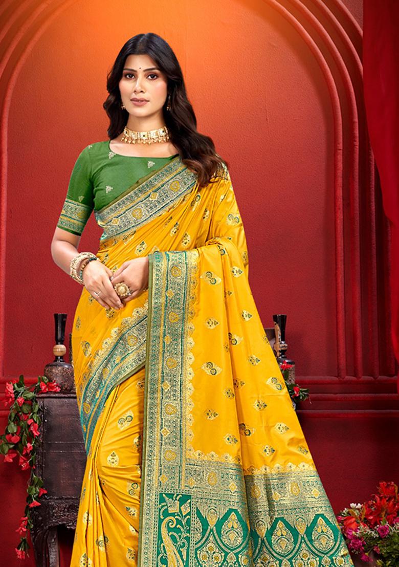 Yellow Weaving Silk Saree Set - Indya
