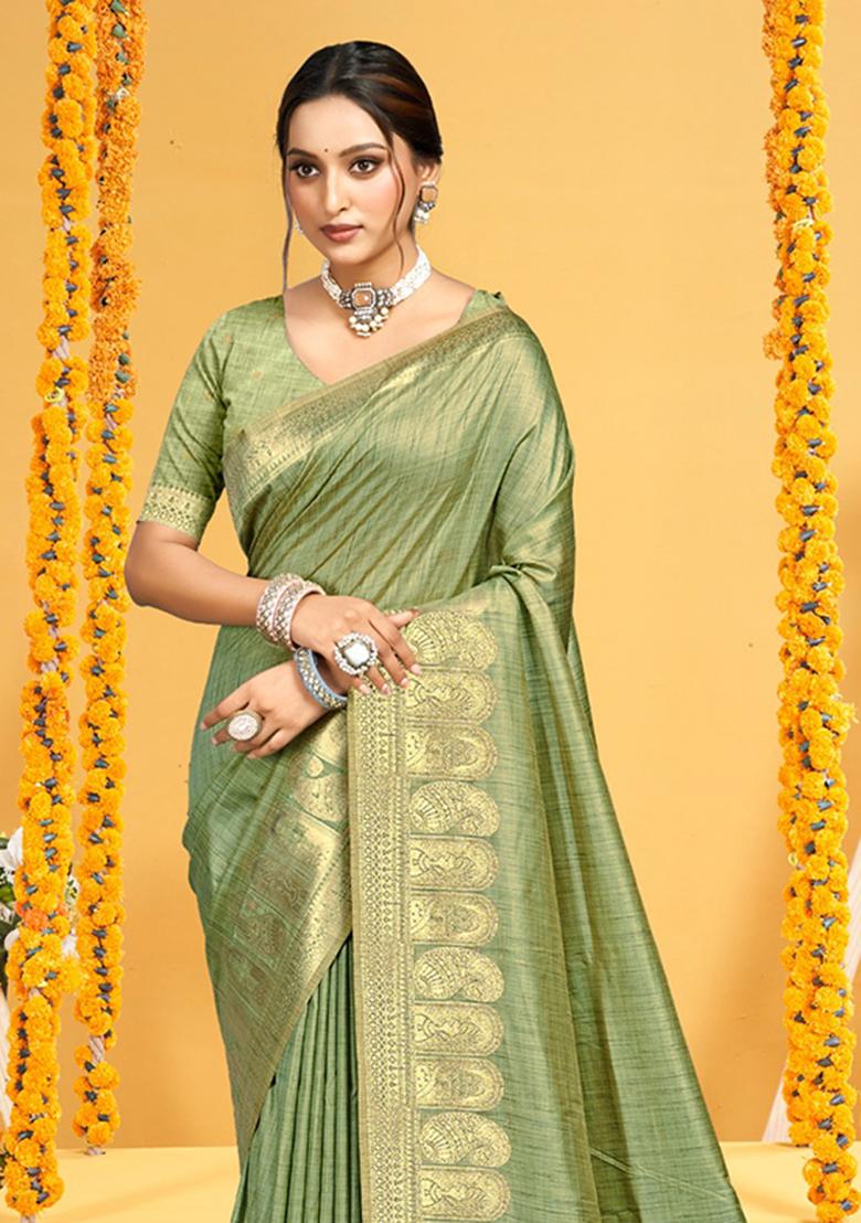 Pista Green Weaving Silk Saree Set - Indya