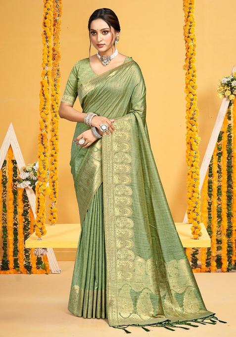 Pista Green Weaving Silk Saree Set