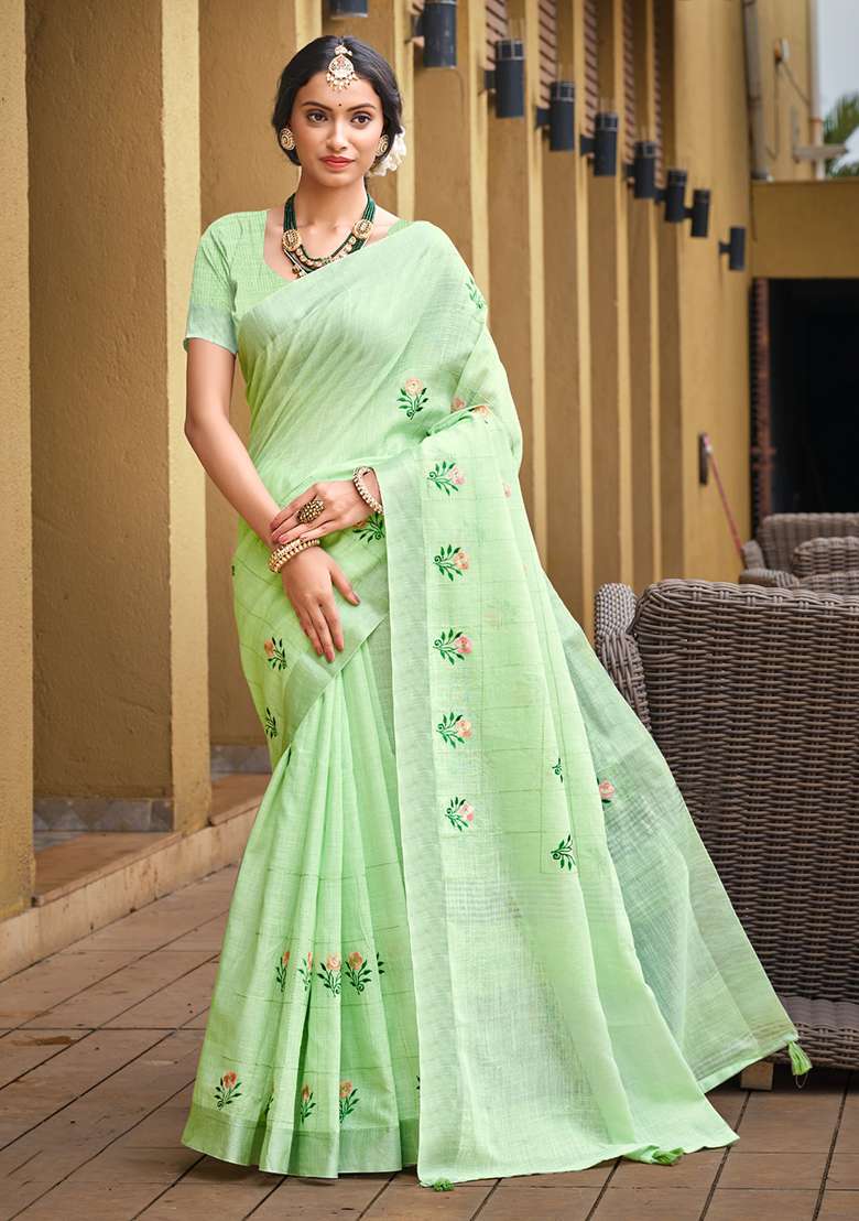 Mint Green Weaving Linen Saree Set - Indya