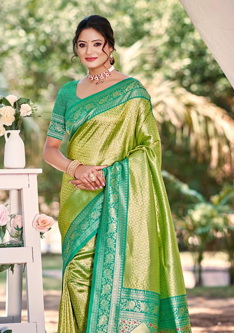Light Green Weaving Silk Saree Set - Indya
