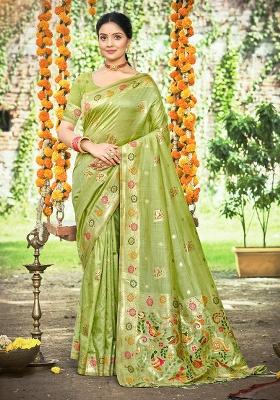 Green Weaving Silk Saree Set