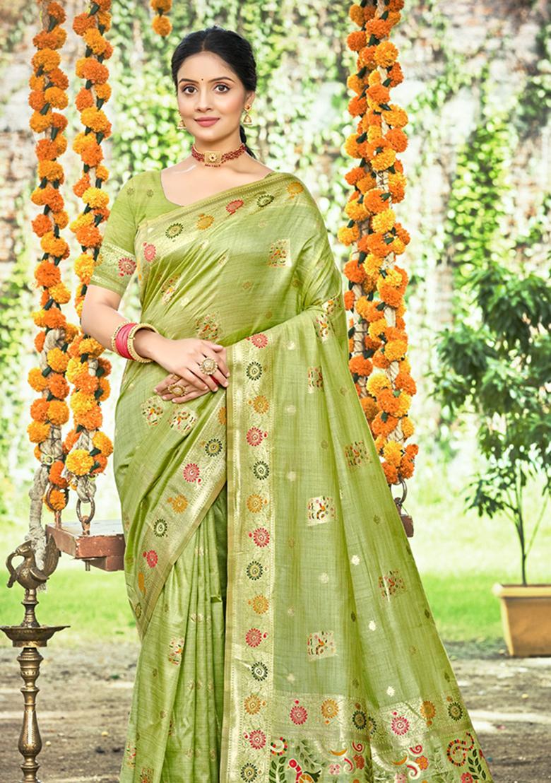 Green Weaving Silk Saree Set - Indya