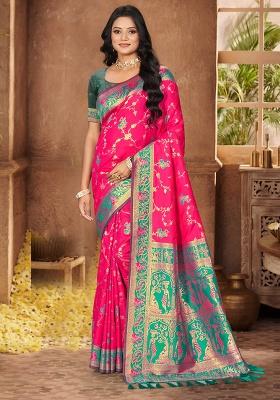Rani Pink Weaving Silk Saree Set