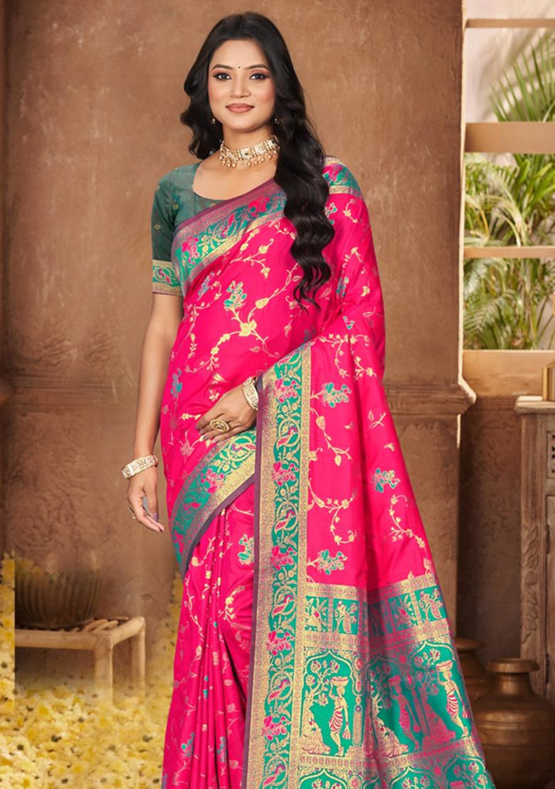 Rani Pink Weaving Silk Saree Set - Indya