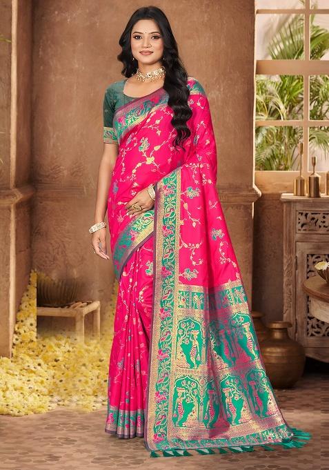 Rani Pink Weaving Silk Saree Set