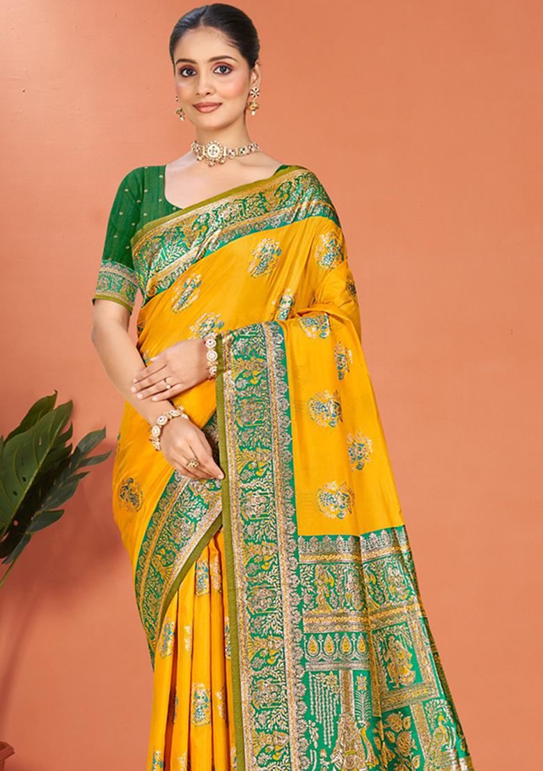Yellow Weaving Silk Saree Set - Indya