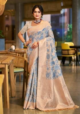 Sky Blue Weaving Silk Saree Set