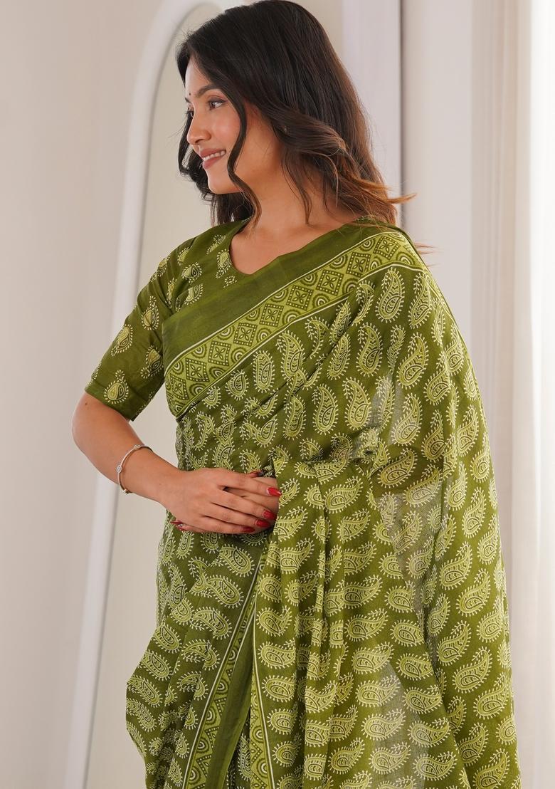 Olive Green Printed Cotton Saree - Indya