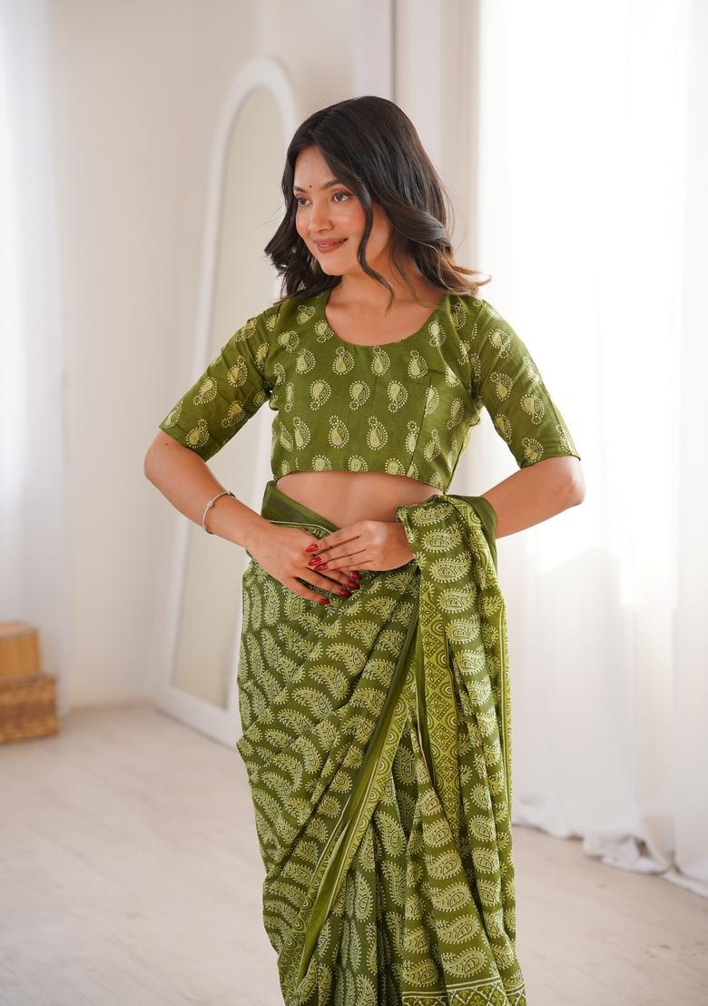 Olive Green Printed Cotton Saree - Indya