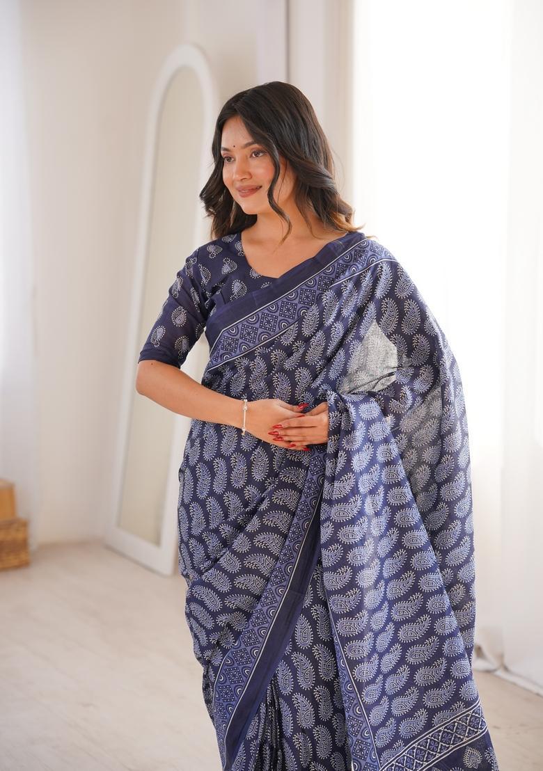 Navy Blue Printed Cotton Saree - Indya