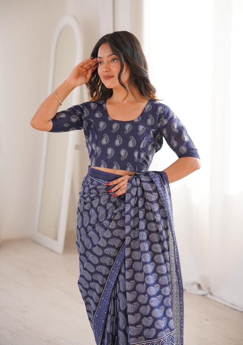 Navy Blue Printed Cotton Saree - Indya