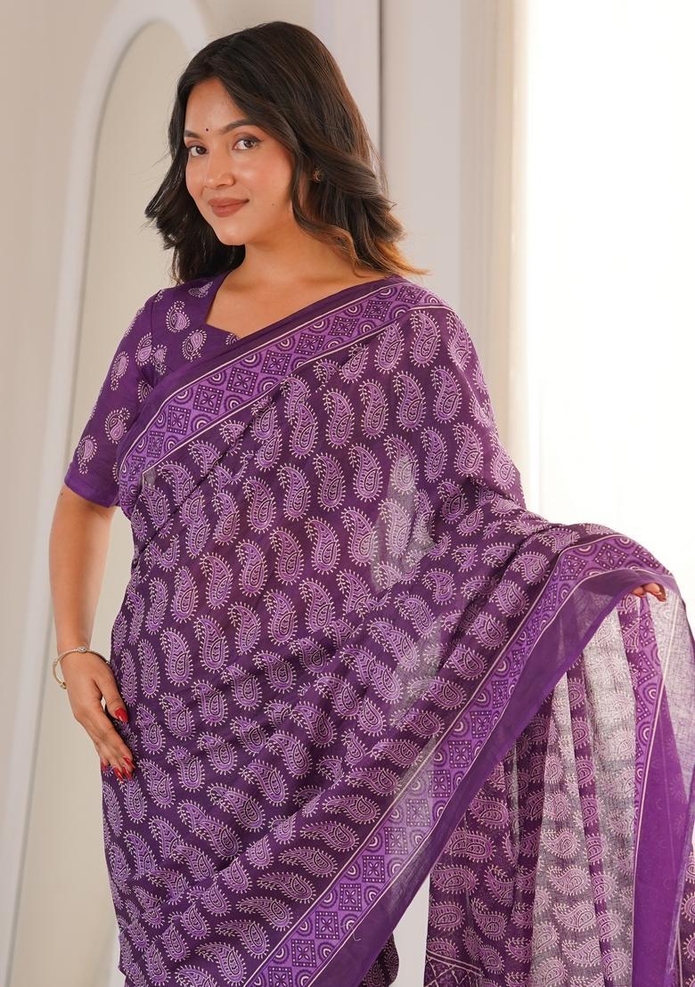 Purple Printed Cotton Saree - Indya