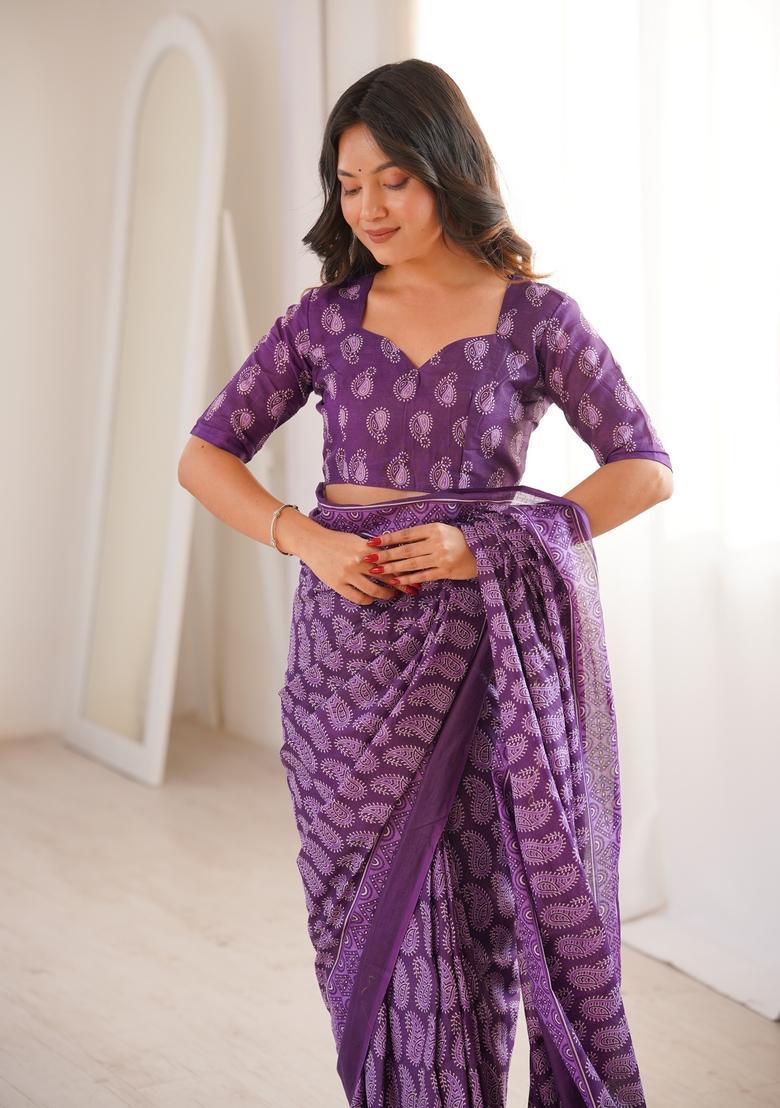 Purple Printed Cotton Saree - Indya