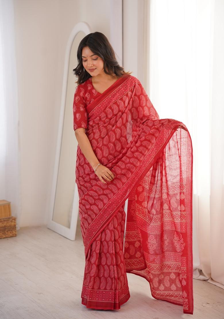 Red Printed Cotton Saree - Indya
