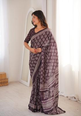 Brown Printed Cotton Saree
