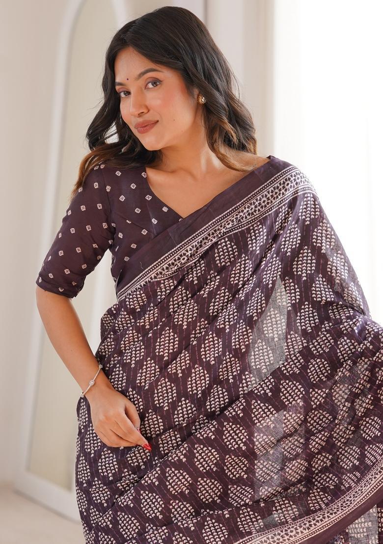 Brown Printed Cotton Saree - Indya