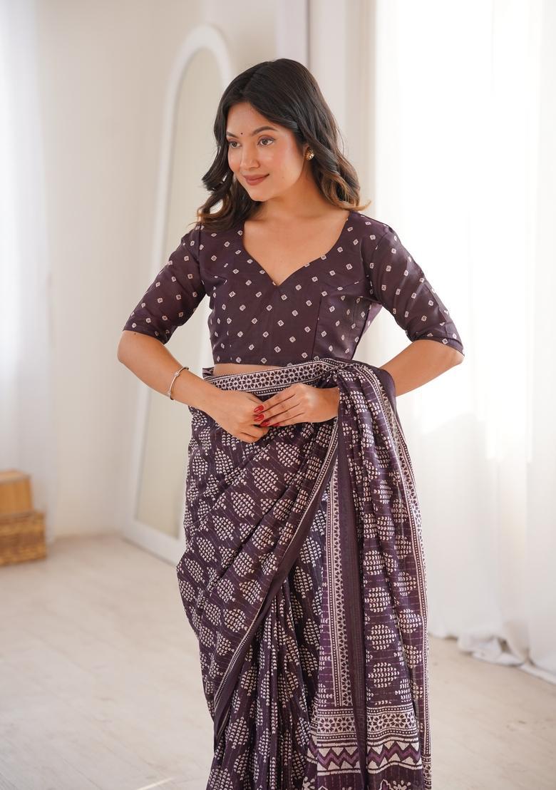 Brown Printed Cotton Saree - Indya