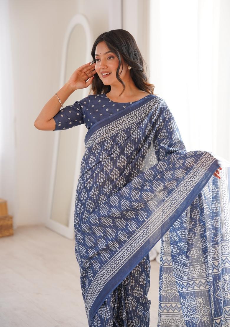 Grey Printed Cotton Saree - Indya