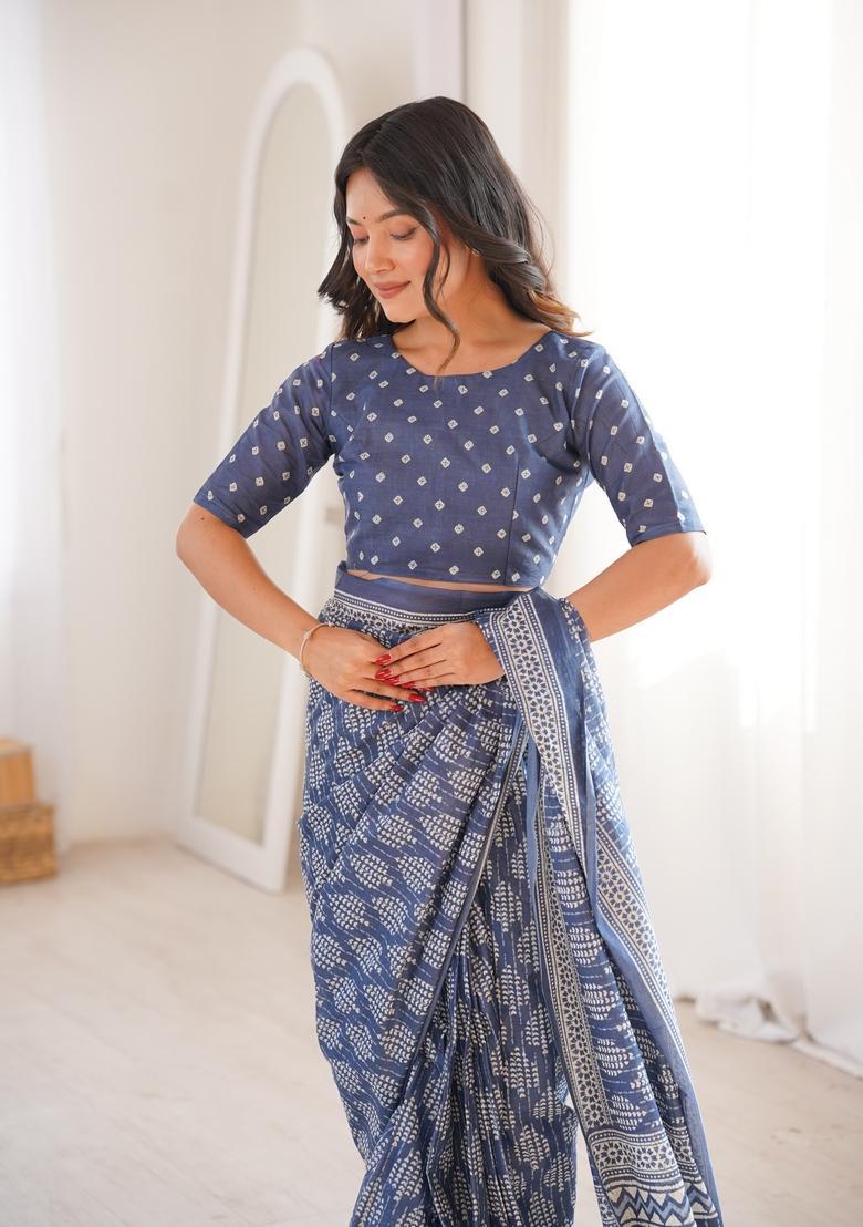 Grey Printed Cotton Saree - Indya