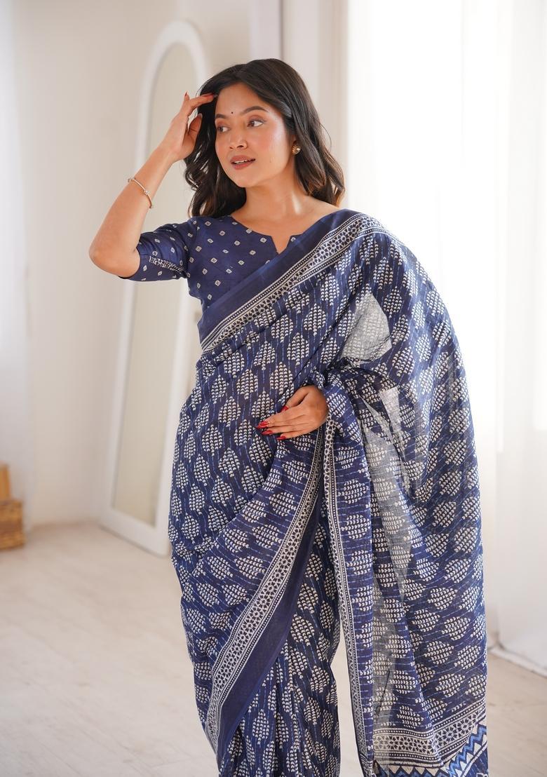 Indigo Printed Cotton Saree - Indya