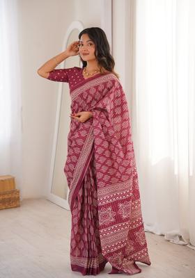 Wine Printed Cotton Saree