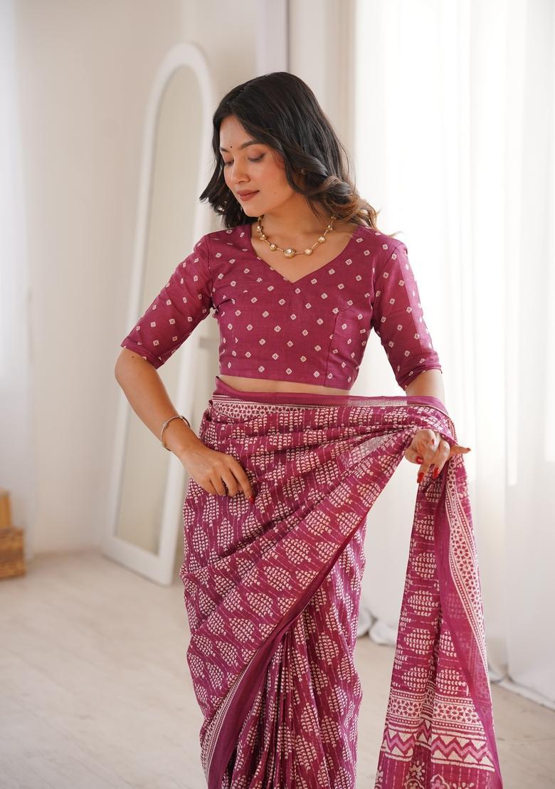 Wine Printed Cotton Saree - Indya