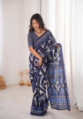 Indigo Printed Cotton Saree