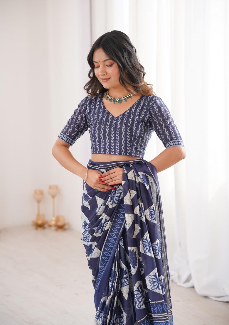 Indigo Printed Cotton Saree - Indya